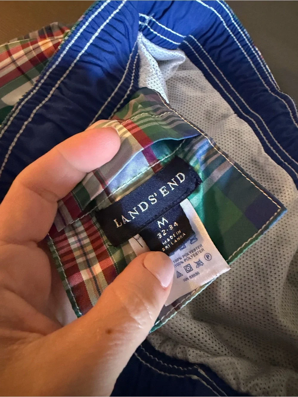 Lands' End Men’s Green Plaid Swim Trunks with Blue and White Accents